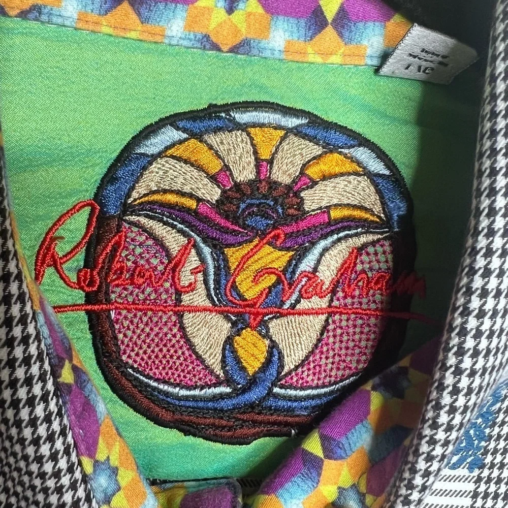 Robert Graham Houndstooth Stripe Embroidered Dress Shirt Large - Picture 7 of 15